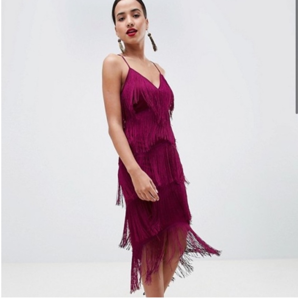 ASOS Design fringe strappy bodycon midi dress - Burgundy - Size 4/Small